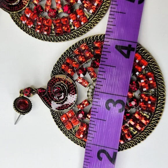 Red Rhinestone Circular Statement Earrings - Picture 5 of 8